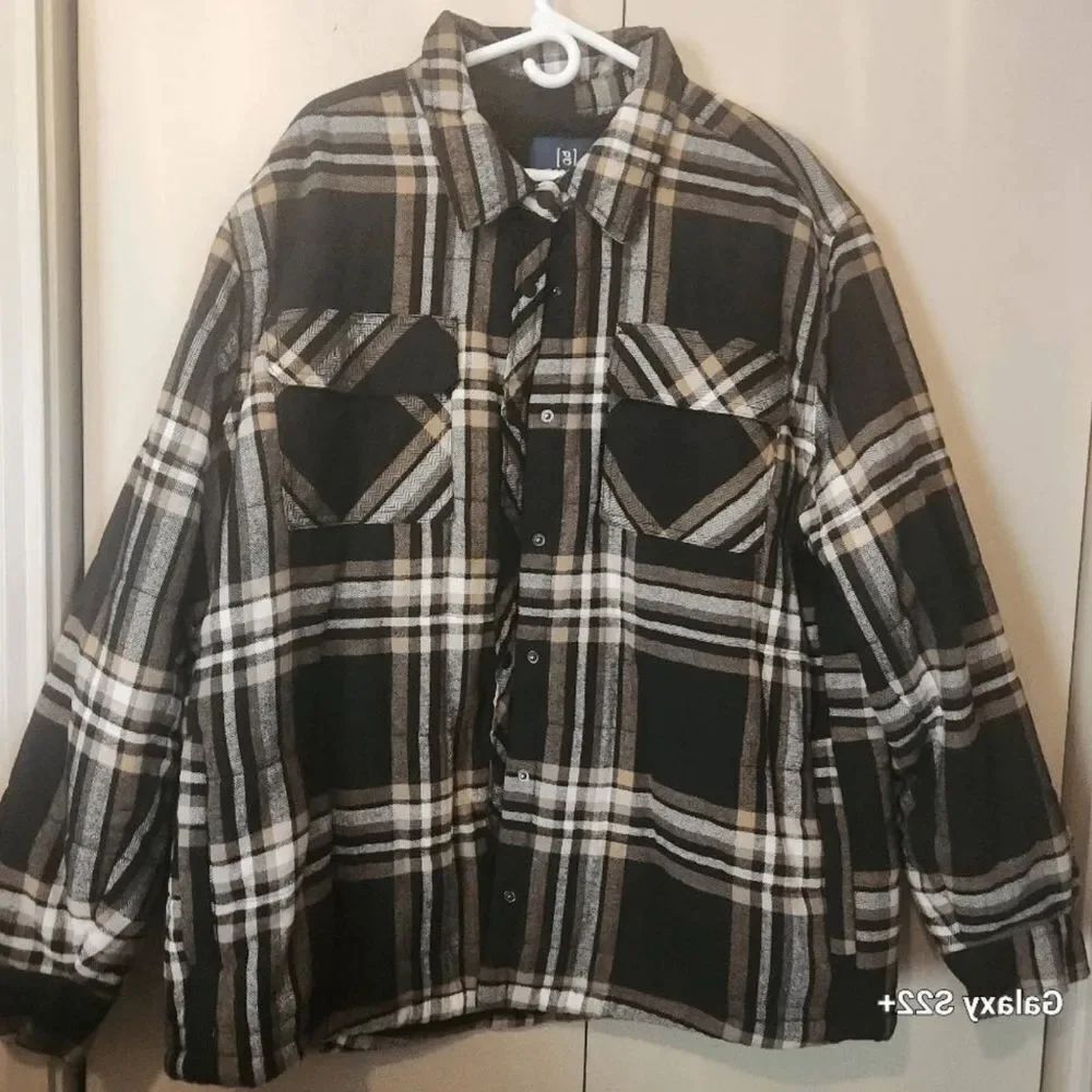 O16 George Sherpa Lined Plaid Flannel Jacket/Shirt Black Tan Snap-up Front 2XL